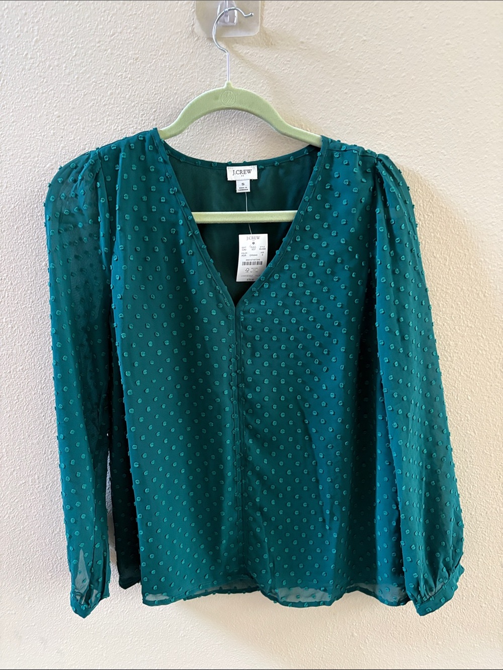 J. Crew Teal Swiss Dot V-Neck Long-Sleeve Blouse